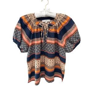 LOFT | Petite Boho Print Keyhole Short Sleeve Blouse Top | Small